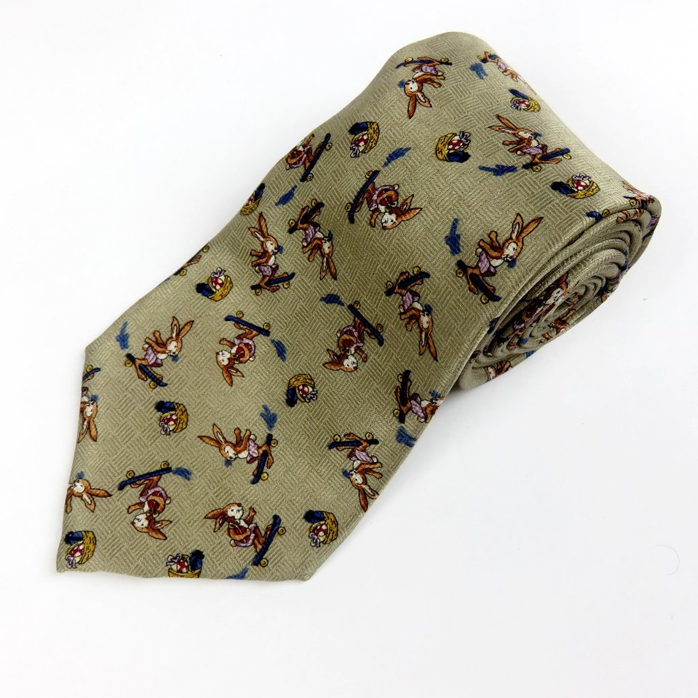 Class Club Tan Silk Necktie Rabbits on Skateboards